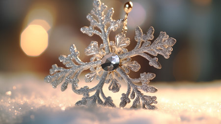 Silver snowflake on the bokeh background. 3D illustrationの素材