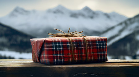 Christmas gift box on wooden table in front of snowy mountains. Christmas and New Year holidays conceptの素材