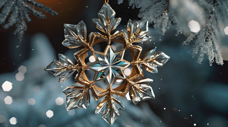 Snowflake on a Christmas tree. Festive background. New Year.の素材