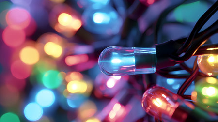 Christmas lights on a colorful bokeh background, close-upの素材