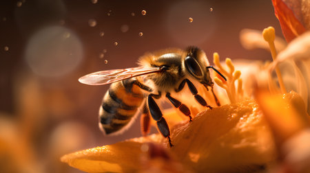 Bee on orange flower, macro photo with selective focus and bokehの素材