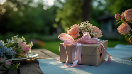 Gift box and bouquet of flowers on wooden table in gardenの素材