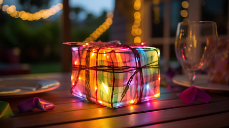 gift box with colorful lights on the table at the restaurant.の素材