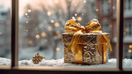 Christmas gift box with golden bow and snowflakes on the windowの素材