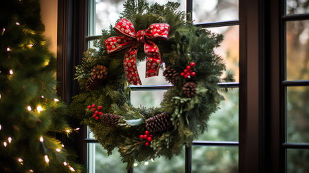 Christmas wreath with red bow on the windowsill. Christmas backgroundの素材