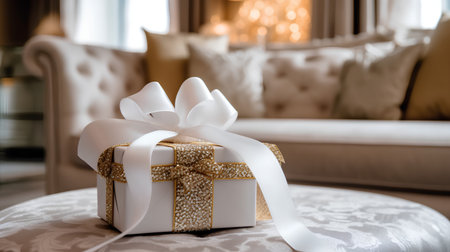 Gift box with white ribbon on the table in the living roomの素材