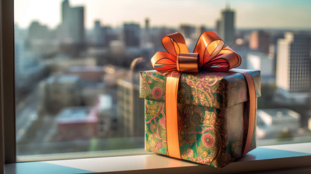 Gift box on the windowsill with city view. 3d renderの素材