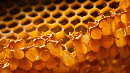 Abstract hexagon structure is honeycomb from bee hive filled with golden honey. Honeycomb summer composition consisting of gooey honey from bee village. Honey rural of bees honeycombs to countryside.の素材