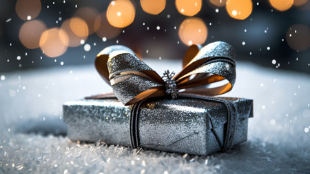 Silver gift box with bow on snow and bokeh lights backgroundの素材