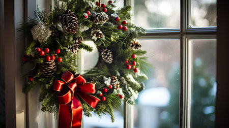 Christmas wreath on a window sill. Christmas decoration. New Year.の素材
