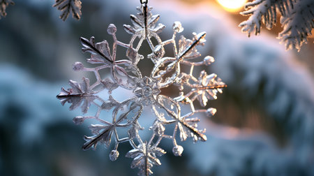 Snowflakes on the branches of a Christmas tree. Winter background.の素材