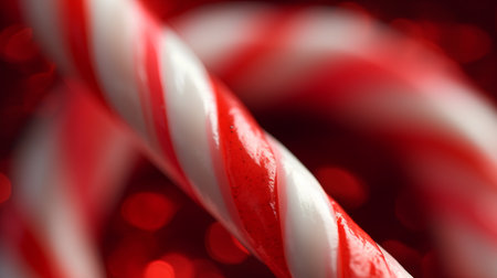 Christmas candy canes on red bokeh background, close upの素材