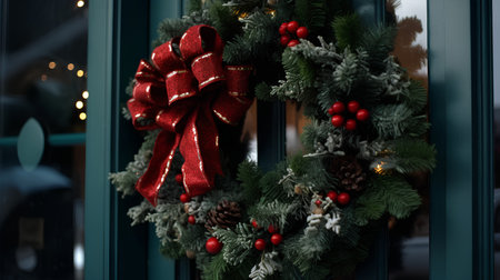 Christmas wreath with red bow on the door of the store.の素材