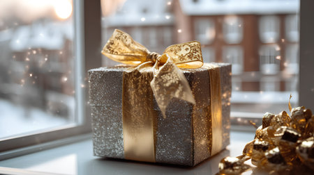 Gift box with golden bow on the windowsill. Christmas backgroundの素材