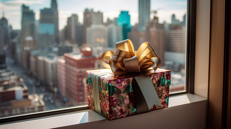 Gift box on the windowsill with a cityscape in the backgroundの素材