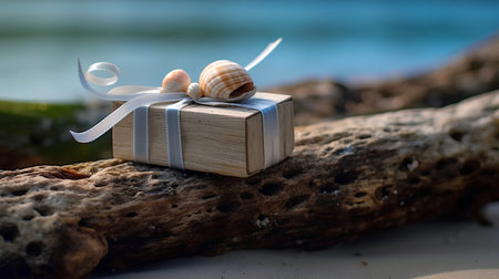 Gift box with seashells on the beach. Holiday conceptの素材