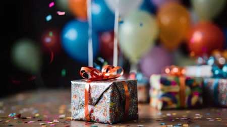 Gift box with red ribbon and colorful balloons on bokeh backgroundの素材
