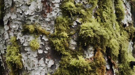 Green moss on the bark of a pine tree in the forest.の素材