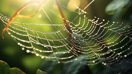 Spider web with dew drops in the morning sunlight. Nature backgroundの素材