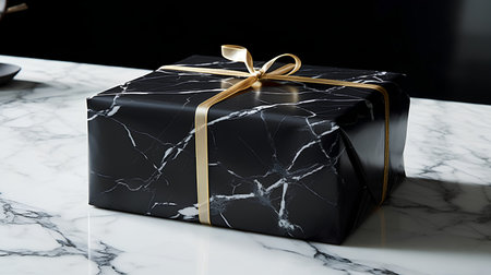 Black gift box with gold ribbon on white marble table, closeup. Luxury present conceptの素材