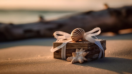 Gift box with seashells on a sandy beach at sunsetの素材