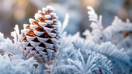 Frosted pine cone on the background of the winter forest.の素材