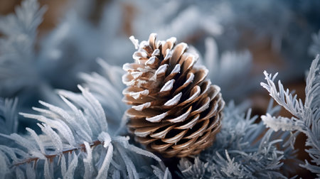 Close up of pine cone covered with hoarfrost. Winter backgroundの素材