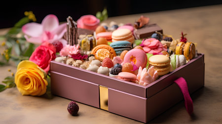 Box of assorted colorful macaroons and macarons on a wooden tableの素材