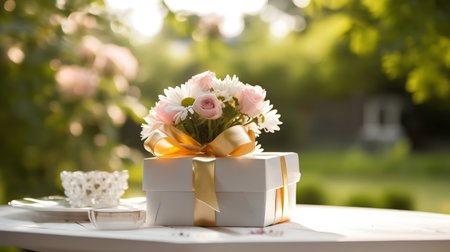gift box and bouquet of flowers on the table in the gardenの素材