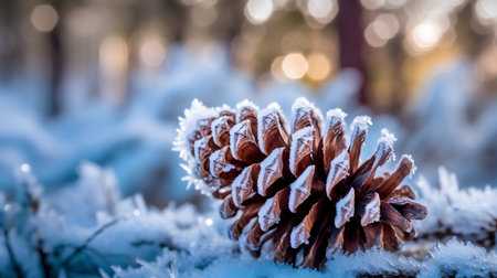 Pine cone covered with hoarfrost in the winter forest.の素材