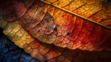 Macro closeup of colorful autumn leaf texture. Nature background.の素材