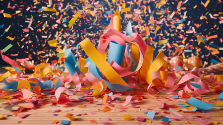 Colorful confetti and streamers on wooden background. Celebration conceptの素材