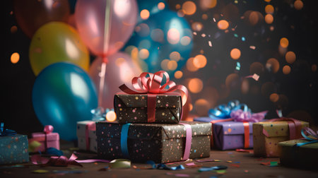 Gift boxes with ribbons and confetti on bokeh backgroundの素材