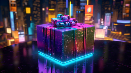 Gift box on the background of the night city. 3d renderingの素材