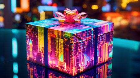 Gift box with a pink ribbon on the background of neon lightsの素材