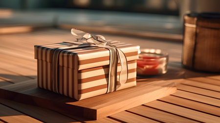 Gift box on wooden table in cafe. 3d render.の素材