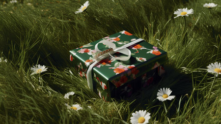 Gift box on green grass with daisies in the backgroundの素材