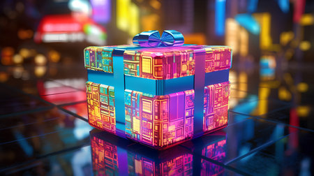 Gift box on the background of the night city. 3d illustrationの素材