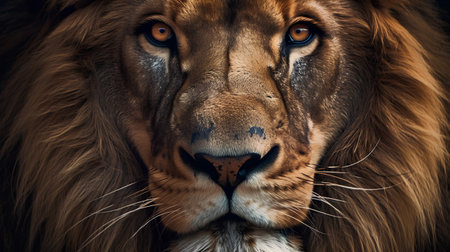 Portrait of a male lion with a big mane, close-up.の素材