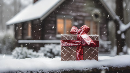 Christmas gift box with red bow on snow in front of wooden houseの素材