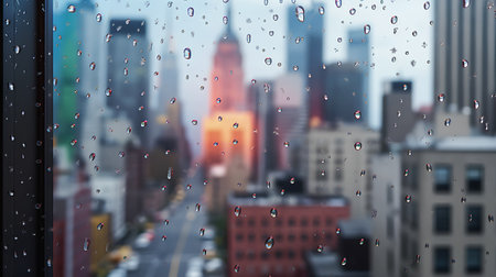 Rain drops on window glass with New York City skyline in background.