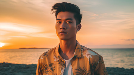 Portrait of young handsome asian man on the beach at sunsetの素材