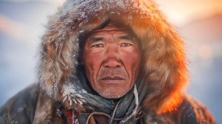Portrait of an elderly man in the winter in the mountains.の素材
