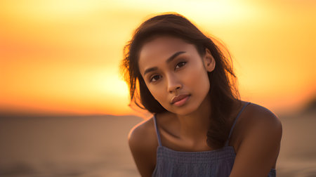 Portrait of a young beautiful asian woman on the beach at sunsetの素材