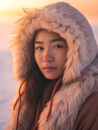 Portrait of a beautiful asian woman in winter coat at sunsetの素材
