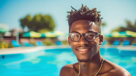 Portrait of a young african american man with glasses at the swimming poolの素材