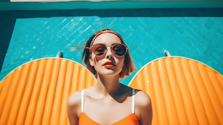 Portrait of a beautiful young woman in swimsuit and sunglasses posing near the swimming pool.の素材