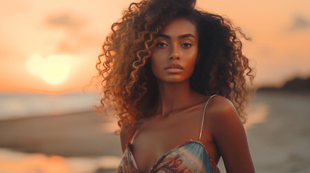 Beautiful african american woman with curly hair on the beach at sunsetの素材