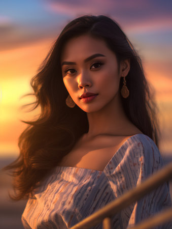 Portrait of a beautiful asian woman with long hair on the beach at sunsetの素材