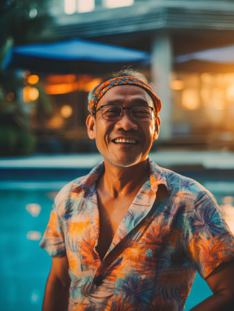Portrait of smiling senior Asian man in swimming pool at sunset.の素材